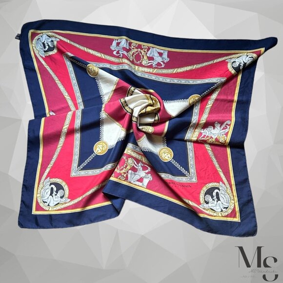 PIERRE BALMAIN Red & Blue Godess & Angels Print Silk Scarf Italy SQR 35.5’’ E.C - Picture 2 of 9